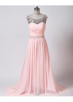 Beaded Blush Pink Ruched Chiffon V Back Prom Dress